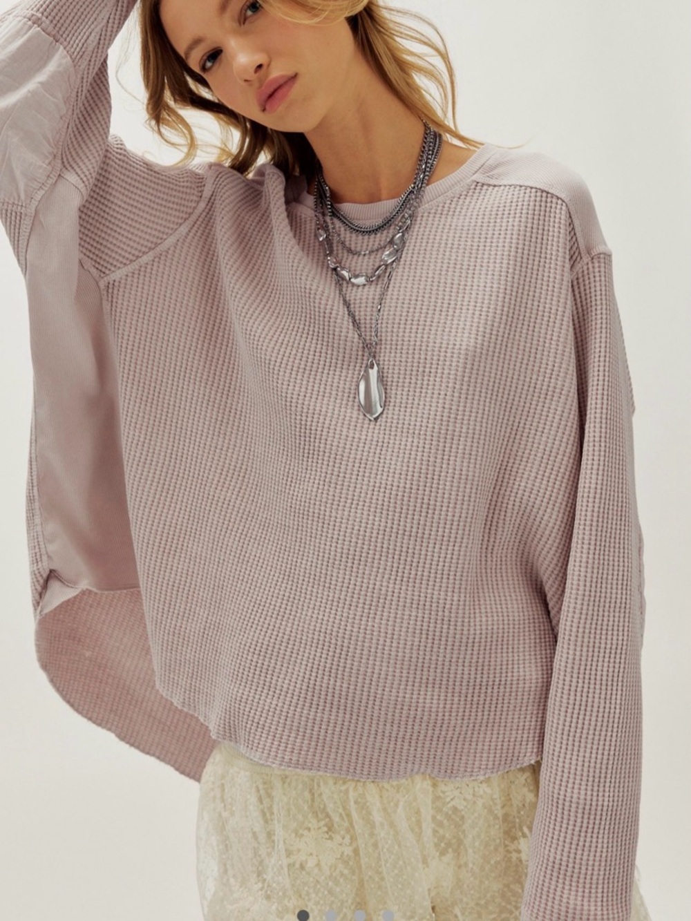 Free People Waffle-Knit Long Sleeve Top in Light Mauve